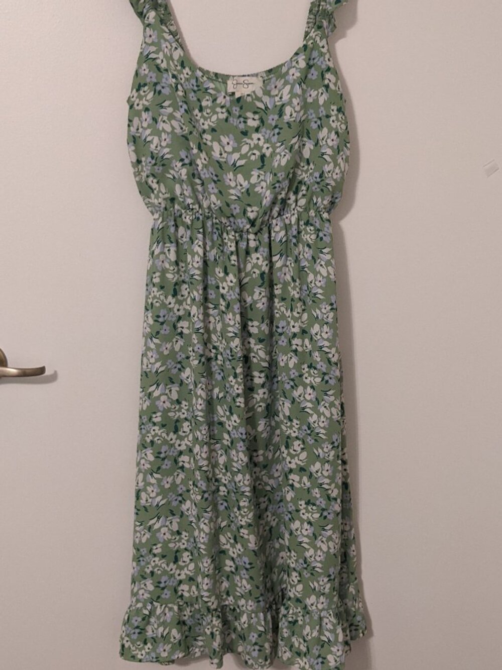 Green Floral Midi Dress Sz S Ruffle Shoulder Cottagecore Romantic Prairie 90's